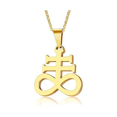 Imagem de Blowin Colar com pingente de cruz de religiões Leviatã satânicas de aço inoxidável da Igreja de Satanás, corrente de 55 cm, Aço inoxidável