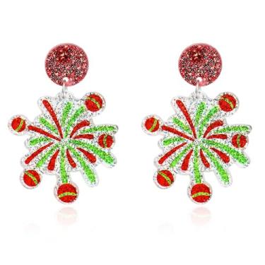 Imagem de Brincos femininos de acrílico de Natal com glitter, vermelho, verde, sininho, fogos de artifício, colorido, leve, pendurado, acessórios, festas, festas, lembrancinhas festivas, presente, Acrílico