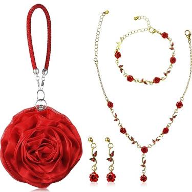 Imagem de Abbylike 4 peças colar de ouro rosa vermelho feminino em forma de rosa clutch pulseira pingente de flor joias brincos pendentes acessórios vermelhos casamento kit de joias meninas princesa fantasia conjunto de acessórios, cetim, Goldstone