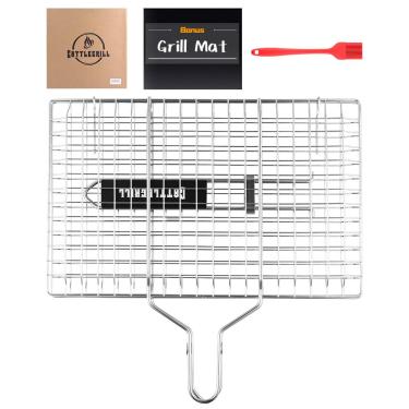 Imagem de Cesta dobrável para churrasco de peixe com aço inoxidável 430, uso externo para peixe, bifes, kebabs, legumes e hambúrguer - O conjunto de grelha inclui: um tapete de grelha reutilizável e uma escova de baste.