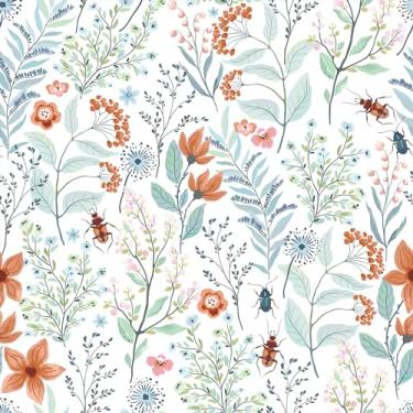 Imagem de VEELIKE Papel de parede floral de besouros laranja azul para descascar e colar papel de parede botânico para banheiro de berçário 45,7 cm x 900 cm papel de parede removível floral autoadesivo papel de