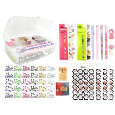 Imagem de 178 peças de amantes de gatos fofos materiais escolares de escritório conjunto de presente de aniversário para meninas com lápis canetas carimbos de tinta prendedores de papel adesivos de notas adesivas borrachas inclui caixa de armazenamento de dois andares
