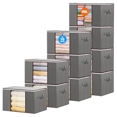Imagem de VZZNN Pacote com 10 sacos de armazenamento de roupas, caixas de armazenamento extra grandes de 90 L, organizadores de armário e armazenamento com janela transparente e alças reforçadas, sacos de