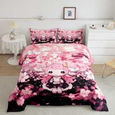 Imagem de Feelyou Conjunto de edredom casal com estampa de personagens de anime para meninos e meninas, com estampa de princesa, flores de cerejeira e adolescentes, 3 peças