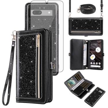 Imagem de Asuwish Capa de celular para Google Pixel 7A 5G 2023 com zíper carteira destacável com protetor de tela de vidro temperado, alça transversal com cordão com glitter, suporte para cartão Pixel7A A7