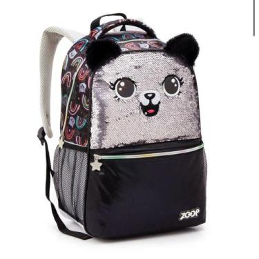 Imagem de Mochila Costas G Paete Pelucia Gato Preto Lantejoulas Menina Seanite
