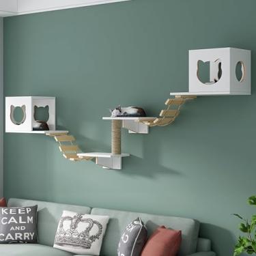 Imagem de Prateleiras de parede para gatos - Prateleiras para gatos, conjunto de móveis de parede para gatos com poleiros e degraus, espessura da placa de madeira de 1,5 cm para casa de condomínios pa