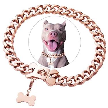 Imagem de Colar de aço inoxidável ouro rosa com elos cubanos, coleira para cães pequenos, bully francês, bully americano, com fivela de segurança