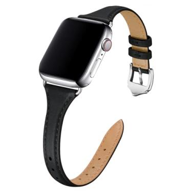 Imagem de WFEAGL Pulseira feminina de couro de grão superior compatível com Apple Watch SE SE2 séries 9, 8, 7, 6, 5, 4, 3, 2 e 1 de 38 mm, 40 mm e 41 mm (preto/prata)