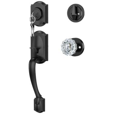 Imagem de Calzibeno Conjunto de maçaneta e fechadura da frente preta vintage, conjunto de fechadura frontal com maçaneta de vidro cristal, conjunto de fechadura de porta de entrada com cilindro único,