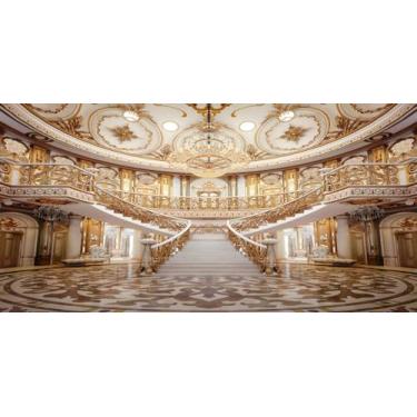 Imagem de TTQYFNM 4,6 x 2,4 m Luxuoso Palácio Cenário Dourado Hall Escadaria Lustre Teto Mural Fotografia Fundo para Aniversário, Cerimônia de Casamento, Decorações de Festa de Crianças Adultos Retrato Foto