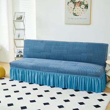 Imagem de Capa de futon sem braços com saia de babados, capa de sofá-cama futon altamente elástica, capa de sofá antiderrapante sem braços, tecido de veludo grosso, macio e aconchegante(Blue,Small (120-150cm))