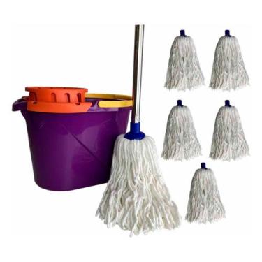 Imagem de Conjunto 6 Refil Mop Com Cabo 1,48mt+ Balde 14lt Espremedor - Roma