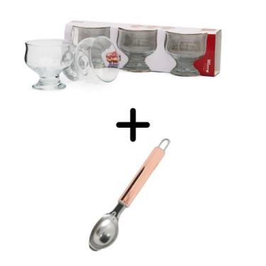 Imagem de Conjunto Taça de Sobremesa Vidro 264ml 3PCS + Colher Sorvete Cabo Rose