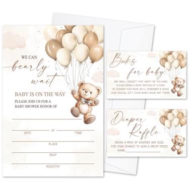 Imagem de We Can Bearly Wait Conjunto de convites de chá de bebê para meninos e meninas, 25 conjuntos de convites com envelopes sorteio de fraldas e cartões de pedido de livro para anúncio de bebê, suprimentos
