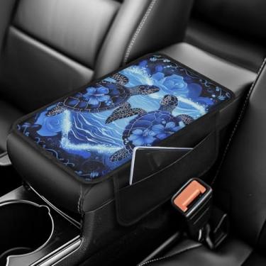 Imagem de Drydeepin Capa de console central de carro com padrão floral de tartaruga azul, capa para apoio de braço, acessórios internos de caixa de armazenamento universal resistente ao desgaste para a maioria