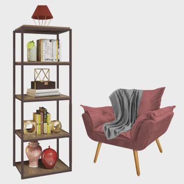 Imagem de Kit Poltrona Fatte com Manta Soft Cinza e Estante Livreiro Ferro Marrom mdf Imbuia Suede Rose Gold - Ahz Móveis