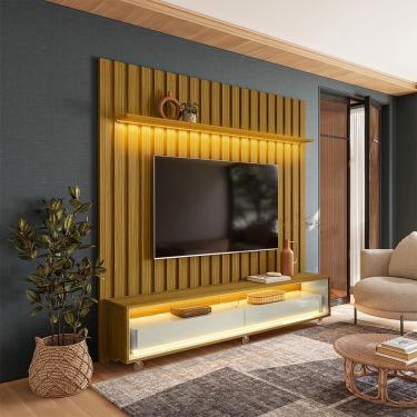 Imagem de Rack com Painel Ripado até 70 Polegadas Sintra com LED 2 gv Cedro e Off White Alt 218 Larg 177 cm