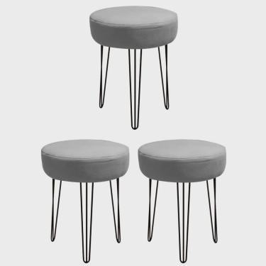 Imagem de Kit 03 Banquetas Puff Jullia Luxo 55cm Industrial Ferro Preto Corino Cinza - Ahz Móveis