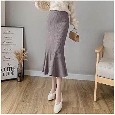 Imagem de Saia Fishtail Feminina Tricotada - Saia Envolvente Apertada Comprimento Da Panturrilha Saia Midi, Saia Longa Elegante Com Bainha Fishtail, Saia Tricotada Grossa De Inverno Para, Grey, One Size