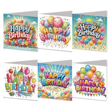 Imagem de MaiYiYi Pacote com 6 cartões de felicitações DIY Happy Birthday Diamond Art Aniversário, Cartões comemorativos com pintura de diamante de balão, cartões comemorativos de arte de diamante para amigos