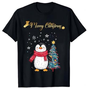 Imagem de Cachecol vermelho pinguim árvore de Natal - 26 camisas femininas de manga curta gola redonda camisetas casuais de poliéster para casa, Cachecol vermelho pinguim árvore de Natal - 26, P