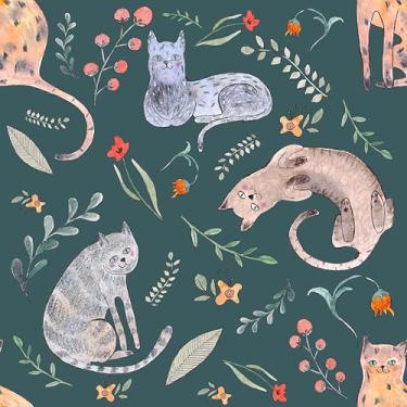 Imagem de Papel de parede de animais de gato em aquarela peculiar verde fofo infantil folha botânica autoadesivo removível à prova d'água papel de parede de contato para locatário de quarto amigável 45 x 599 cm