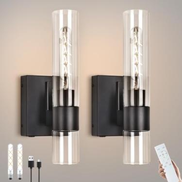 Imagem de BELS Conjunto De Dois Apliques De Parede Operados Por Bateria, Luminária De Parede Sem Fio Preta De 13 Polegadas Com Vidro Transparente, Regulável, 4000K, Controle Remoto, Arandela Moderna Para Ban