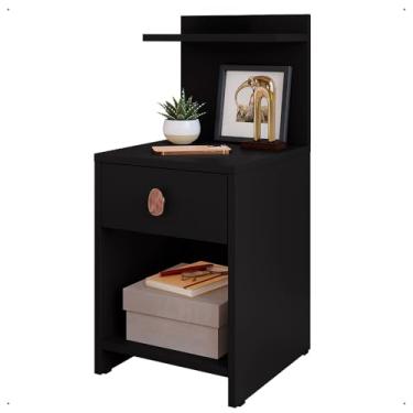 Imagem de Mesa De Cabeceira Boss Retrô Com Prateleira Preto Quarto Apoio de Cama Mesinha Gaveta