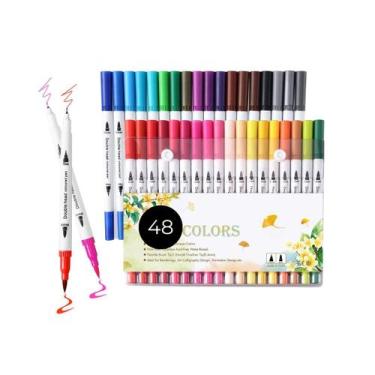 Imagem de Estojo de Colorir 48 Canetinhas Ponta Dupla Canetas Cores Marcador - C