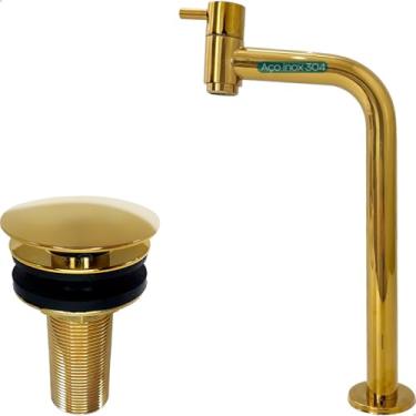 Imagem de Dona D Cor, Kit Torneira Dourada Bica Alta e Válvula Click 7/8 Inox Pia Banheiro Torneira Fria 90 Graus 1/4 De Volta Cuba Sobrepor E Ralo Pia Lavatorio Gold