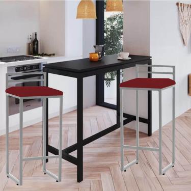 Imagem de Kit 02 Banqueta Alta Com Encosto Petra Balcão Bar Cozinha Bistrô Ferro Prata Sintético Vermelho