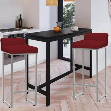 Imagem de Kit 02 Banqueta Alta Mia Com Encosto Cozinha Bistrô Bar Balcão Ferro Cinza Suede Vermelho