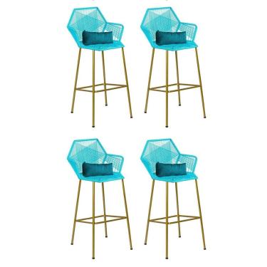 Imagem de Kit 04 Banqueta Alta Sttar Ferro Dourado Fibra Azul Turquesa Almofada Suede Azul Turquesa