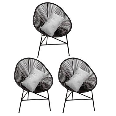 Imagem de Kit 03 Poltrona Cadeira Acapulco Sala Jardim Varanda Preto Com Almofada Quadrada Corino Branco