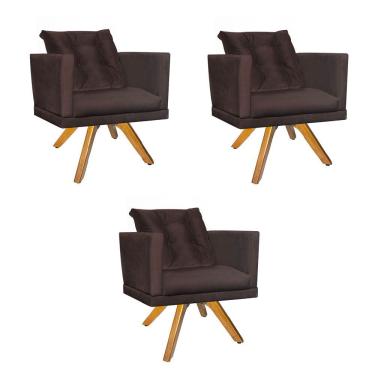 Imagem de Kit 03 Poltrona Cadeira Kim Luxo Confort Giratória Caramelo Com Almofada Solta Suede Marrom