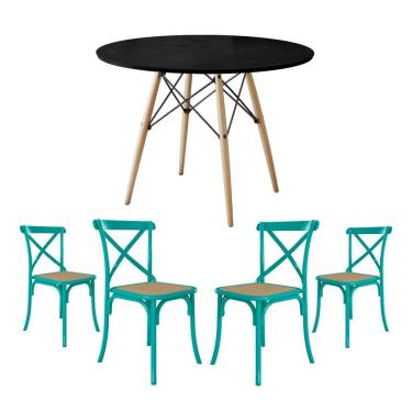 Imagem de Jogo De Mesa Eiffel Redondo Tampo De Madeira 90Cm Preto Com 4 Cadeiras Katrina Azul Turquesao