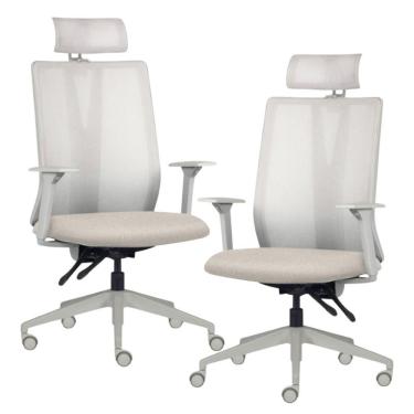 Imagem de Kit 2 Cadeiras Escritório Giratória Presidente Flow F02 Base Cinza Linho Bege Claro - Lyam Decor