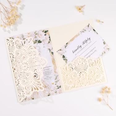 Imagem de Mabbcoo 50 peças de convites de casamento personalizados com envelopes e cartões RSVP, folhas internas em branco convite de festa para chá de panela de aniversário de quinze anos - Marfim