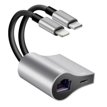 Imagem de Adaptador de rede 2 em 1 Lightning e tipo C para RJ45 Ethernet, com porta de carregamento, Plug and Play, suporta rede Ethernet de 100 Mbps, compatível com iPhone 14 13 12 11/iPad