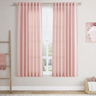 Imagem de Cortinas rosa 153 cm de comprimento, conjuntos de 2 painéis para sala de estar, quarto, filtragem de luz, cortinas de linho para cozinha, janelas, bolso para varão, aba traseira, curta, cortina