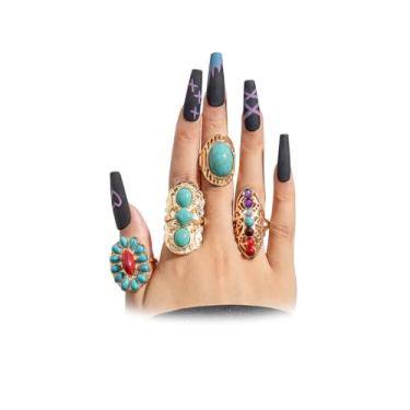 Imagem de FUTIMELY 4 peças de anel ocidental turquesa boho para mulheres, pedra natural de cristal grosso, étnico, articulação, dedo, dedo, mini, joias, vintage, Large, Liga de aço, Sem pedra preciosa
