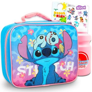 Imagem de Conjunto de lancheira Stitch and Scrump para crianças – Pacote com Disney lancheira, garrafa de água, adesivos, mais | Lancheira costurada para meninas escolares