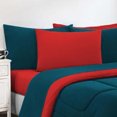 Imagem de Kit Edredom Malha 100% Algodão Gran Moratta 2 Peças Solteiro - Azul Petróleo-vermelho