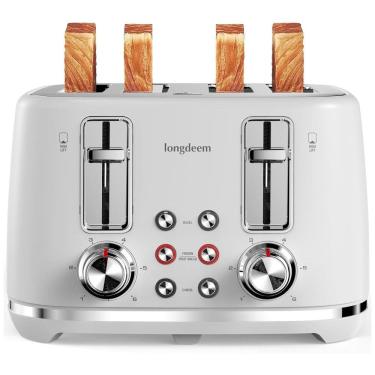 Imagem de Torradeira Retrô 4 Fatias com Desligamento Automático e 6 Níveis de Tostagem, 110V 1500W, LONGDEEM, Branca