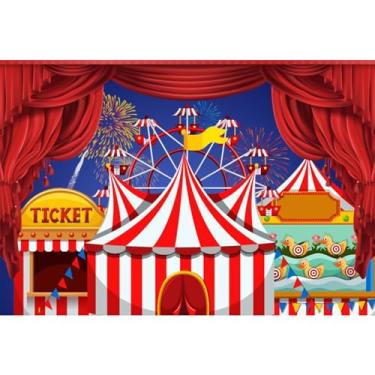Imagem de YongFoto Pano de fundo de circo 2,4 x 2 m, cortina vermelha, barraca, céu noturno, fogos de artifício, parque de diversões, roda-gigante, fotografia, aniversário, carnaval, festa, bandeira, bolo