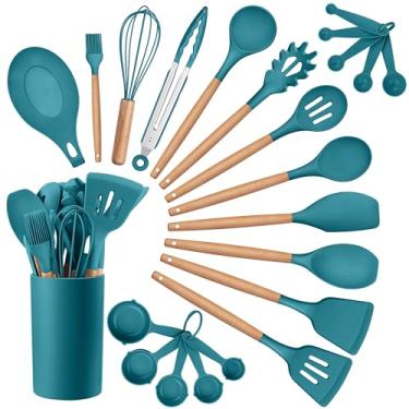 Imagem de HaWare Conjunto de utensílios de cozinha, conjunto de espátula de silicone de 23 peças com suporte, cabo de madeira resistente ao calor, utensílio de cozinha para panelas antiaderentes, conjuntos de
