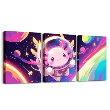 Imagem de Pintura de parede em tela de astronauta axolote com desenho animado, céu estrelado, galáxia, planetas, espaço sideral, pintura de parede para crianças, meninas, meninos, pôster de salamandra, rosa