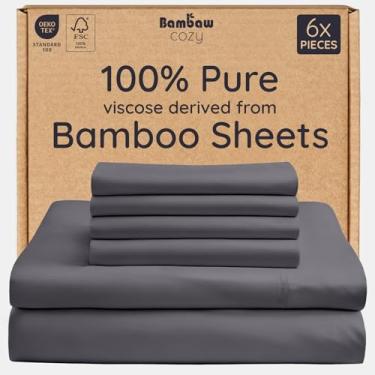 Imagem de Bambaw Conjunto King Size 100% viscose derivado de lençóis de bambu – Conjunto de 6 peças de lençóis refrescantes para pessoas que dormem quentes, lençóis de cama king super macios, cabe em colchões