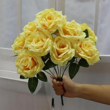 Imagem de Buquê de rosas de seda, flores artificiais para casa, casamento, área externa, arco, decoração faça você mesmo, mesa de festa, decoração floral do dia dos namorados (amarelo)